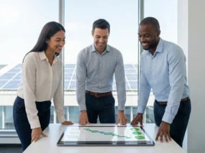 Infográfico detalhando a economia com energia solar compartilhada em faturas empresariais.